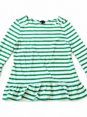 Talbots Pima Cotton Green White Striped Ruffle Hem Top Women’s Small